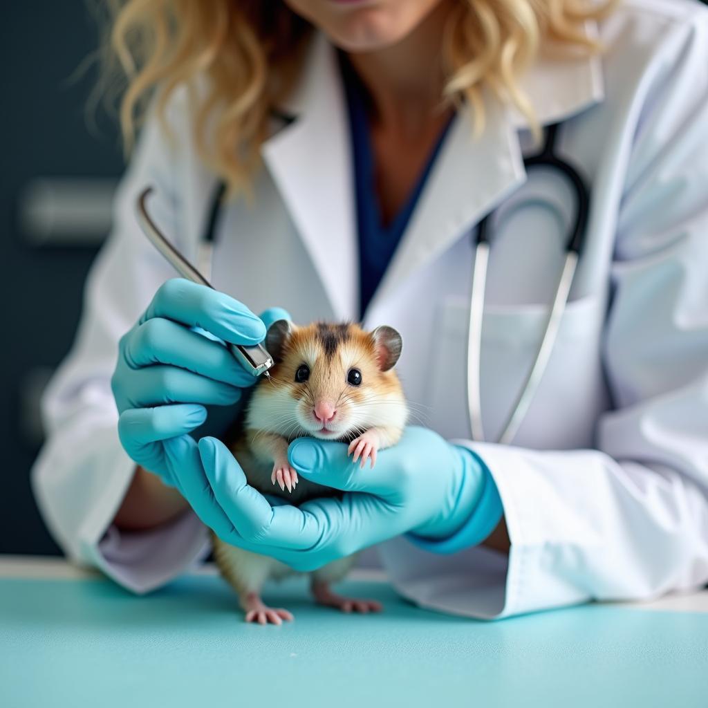 Chuột Hamster: Hướng Dẫn Toàn Diện Từ A Đến Z Cho Người Mới Bắt Đầu 3 Bác sĩ thú y đang khám sức khỏe cho một chú chuột hamster nhỏ bé
