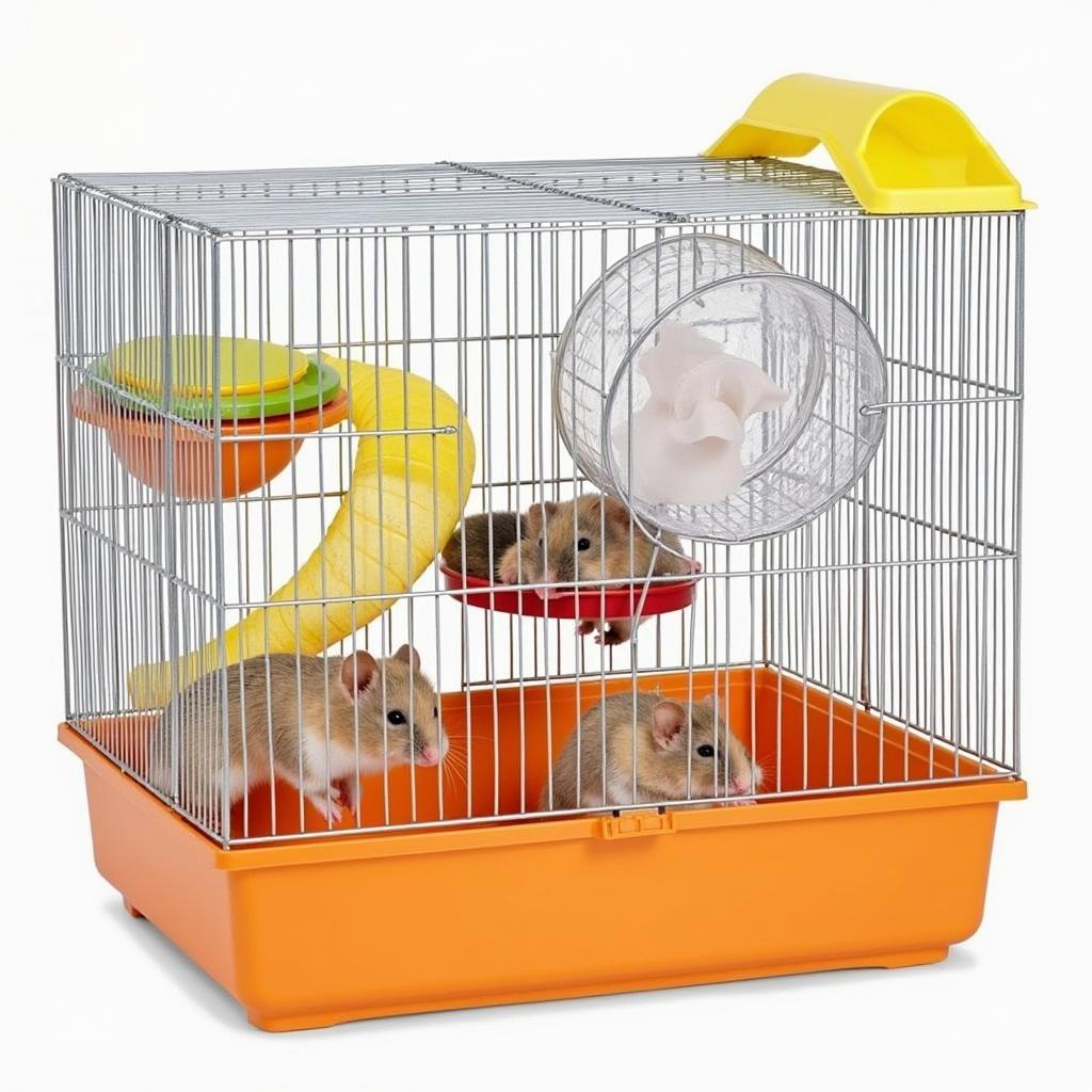Chuột Hamster: Hướng Dẫn Toàn Diện Từ A Đến Z Cho Người Mới Bắt Đầu 2 Chuồng hamster đầy đủ đồ chơi và vật dụng cần thiết cho hamster vận động và nghỉ ngơi
